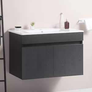 30 in. W Single Sink Wall Mounted Bath Vanity in Black with White Ceramic Top