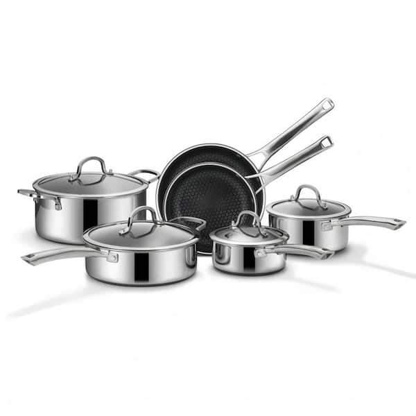 10-Pack Hybrid Stainless Steel Pots and Pans Set with Non Stick Frying Pans, Saucepans, Saute Pan and Stock Pot