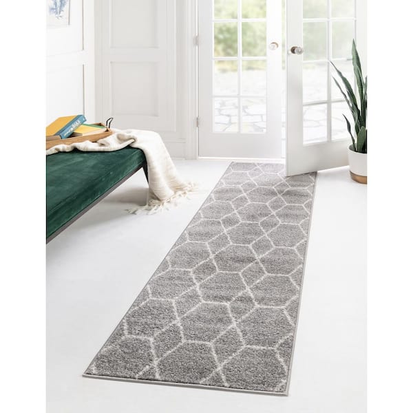Trellis Frieze Light Gray/Ivory Gray 2 ft. x 13 ft. Geometric Runner Rug