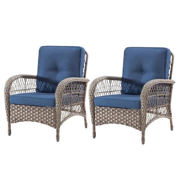 MEOOEM 2-Piece Outdoor Wicker Chairs with Blue Cushions for Patio Garden Bistro