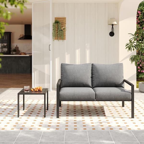 2-Piece Metal Outdoor Furniture Set Loveseat with Dark Grey Cushions and Coffee Table