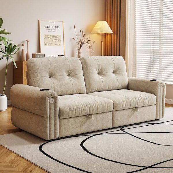 Uvo Modern 77 in. Beige Tufted Fabric Upholstered Queen Size Convertible Sofa Bed with Cup Holders and Charging Port