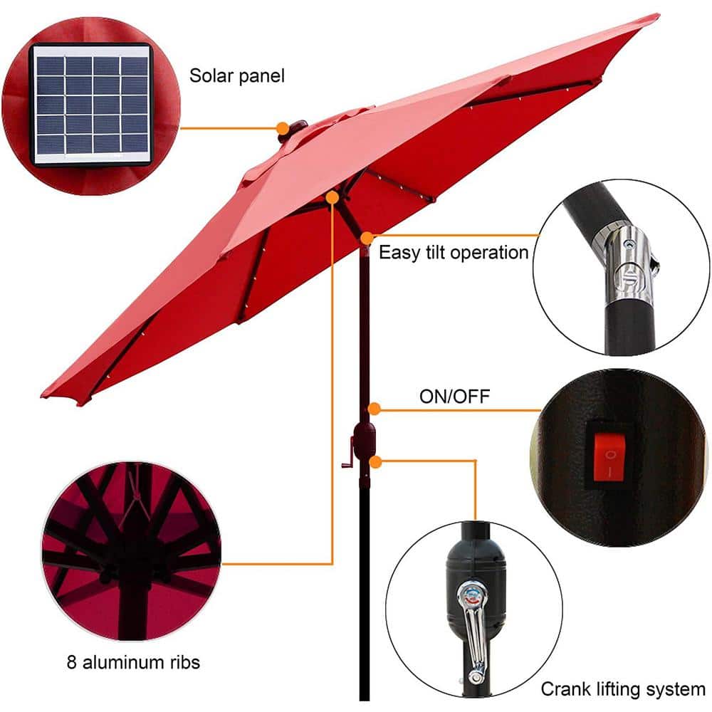 Red 9 ft LED Lighted Patio Umbrella with Stainless Steel Pole