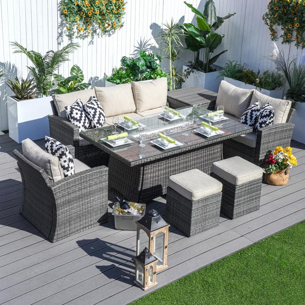 Andrea Gray 7-Piece Wicker Patio Fire Pit Conversation Sofa Set with Beige Cushions price history on PriceWatchPro