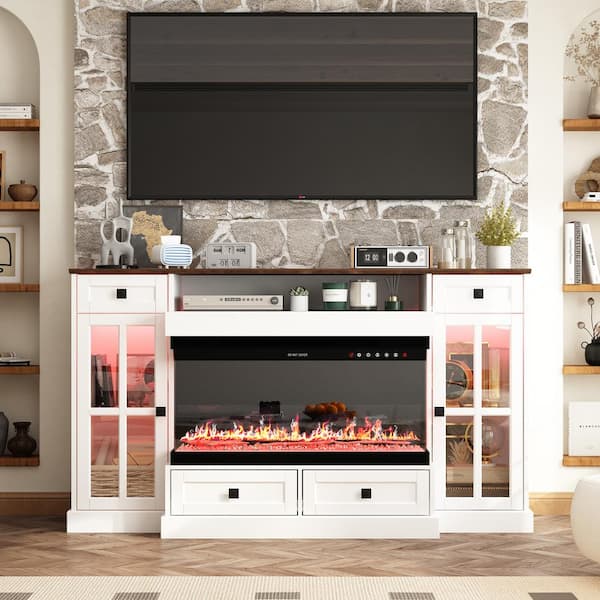 FUFU&GAGA 55.3 in. W Freestanding Electric Fireplace TV Stand Media Console in White with Remote Control, Fits TV up to 80 in.