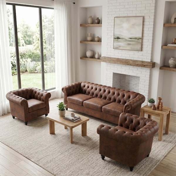 3-Piece Brown Bronzed Suede Upholstered Living Room Set Chesterfield Sofa and Accent Chairs