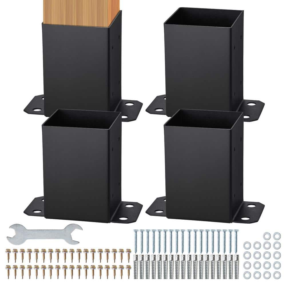 VEVOR 4 in. x 4 in. Internal Post Base Heavy-Duty Powder-Coated Anchor Black Wood Post Fence Bracket Decking Board (4-pack)