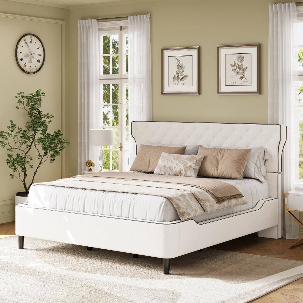 Beige Wood Frame Queen Size Upholstered Platform with Curved Back Headboard and Button Tufted Design price history on PriceWatchPro