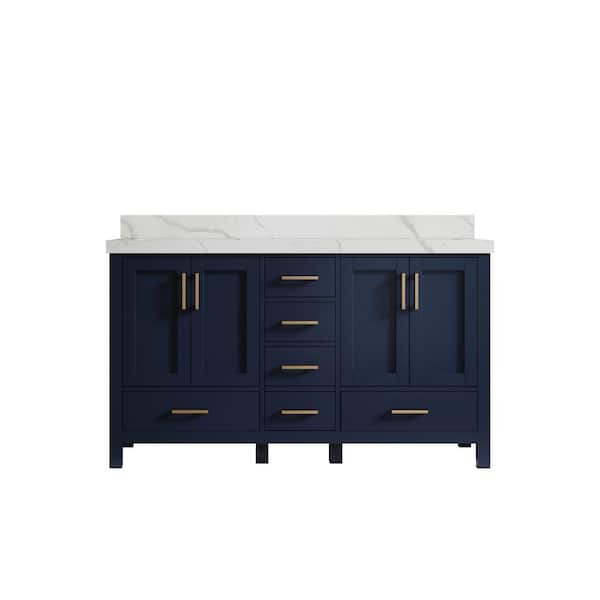 Willow Collections Malibu 60 in. W x 22 in. D x 36 in. H Double Sink Bath Vanity in Navy Blue with 2 in. Calacatta Quartz Top
