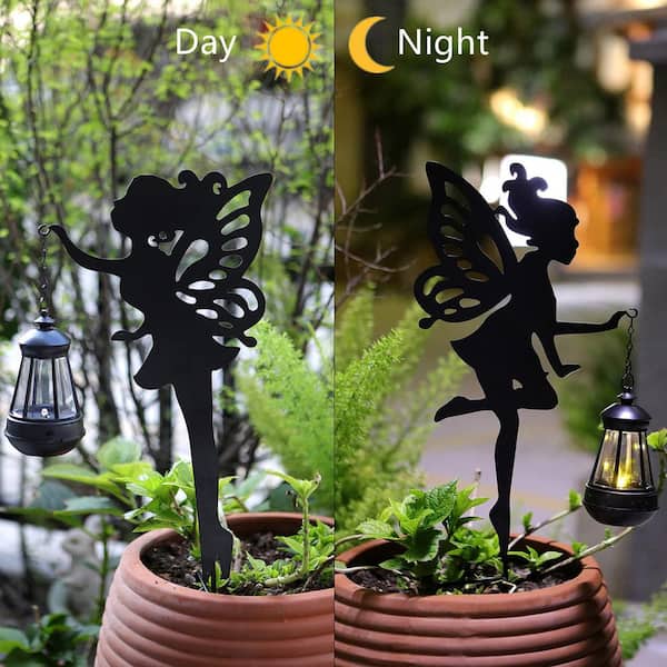 Solar Fairy Garden Decor 2-Pack Metal Hanging Lantern Solar Outdoor Garden Decoration Silhouette Light Stake