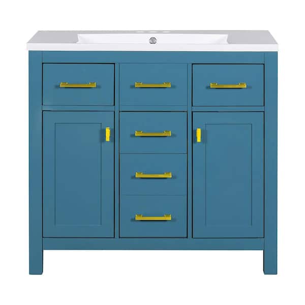 36 in. Freestanding Bath Vanity Cabinet in Blue with White Resin Sink Top, 4 Drawers and 2 Soft -Close Doors