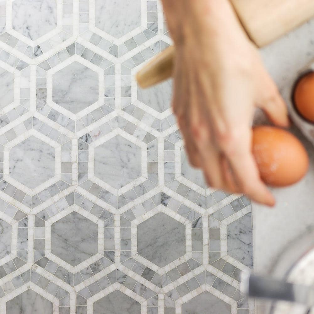 Carrara White and Black Marble Hexagon Mosaic Tile