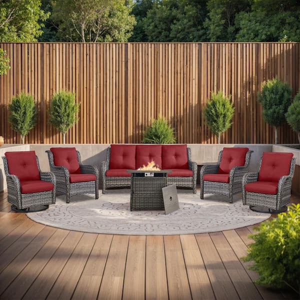 moosprr 6-Piece Gray Wicker Fire Pit Conversation Set with Olefin Red Cushions and 2 Swivel Glider/ 2 Lounge Chairs and Couch