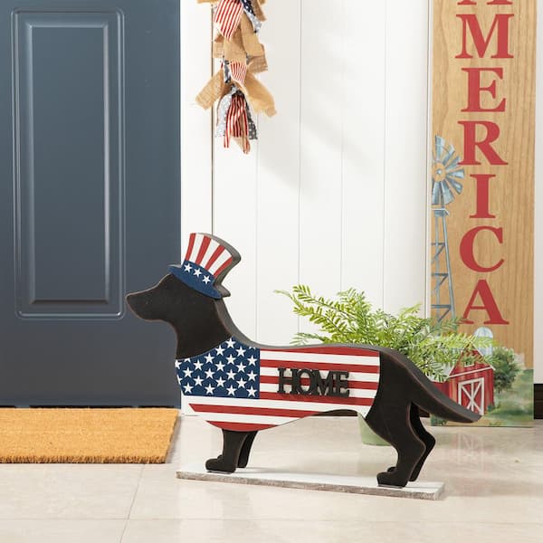 Glitzhome 24.52 in. L Metal/Wooden Patriotic Double Sided HOME/WELCOME Dachshund  Decor 1302203486