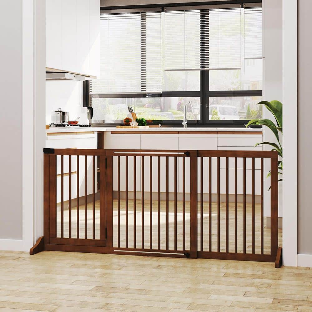 Adjustable Wooden Pet Gate, 3-Panels Freestanding Dog Fence with Safety Barrier, Lockable Door price history on PriceWatchPro