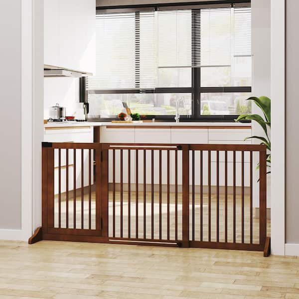 Adjustable Wooden Pet Gate, 3-Panels Freestanding Dog Fence with Safety Barrier, Lockable Door