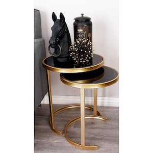 18 in. Gold Nesting Large Round Glass End Accent Table with Black Glass Top (3- Pieces)