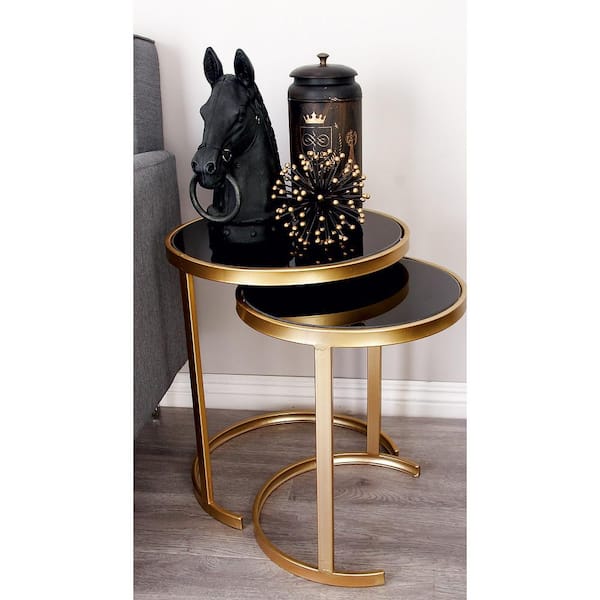 Litton Lane 18 in. Gold Nesting Large Round Glass End Accent Table with Black Glass Top (3- Pieces)