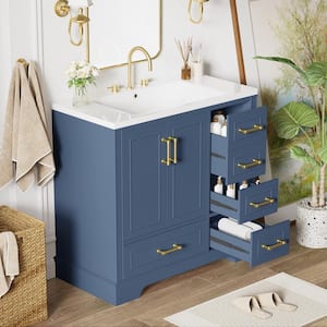 36 in. W Single Sink Freestanding Bath Vanity in Blue with White Resin Top and 4 Drawers, Soft Closing Doors