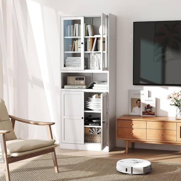 72 in. Tall White Metal Kitchen Pantry Cabinet, Freestanding Storage Cabinet with Glass Doors and Adjustable Shelves