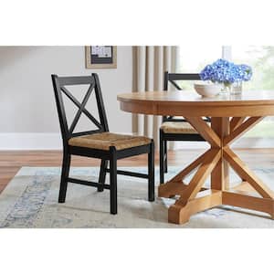 Dorsey Charcoal Black Wood Dining Chair with Cross Back and Woven Rush Seat (Set of 2)