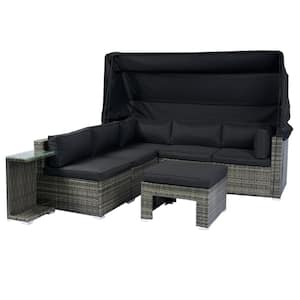 7-Piece Gray Wicker Outdoor Sectional Sofa Set with Retractable Canopy Black Cushions for Lawn Garden Backyard Porch