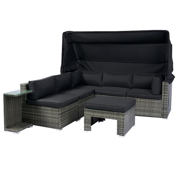 7-Piece Gray Wicker Outdoor Sectional Sofa Set with Retractable Canopy Black Cushions for Lawn Garden Backyard Porch