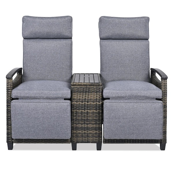 Patio Recliner Wicker Chair, Outdoor Loveseat with Gray Cushions, Acacia Wood Armrests, for Balcony, Porch