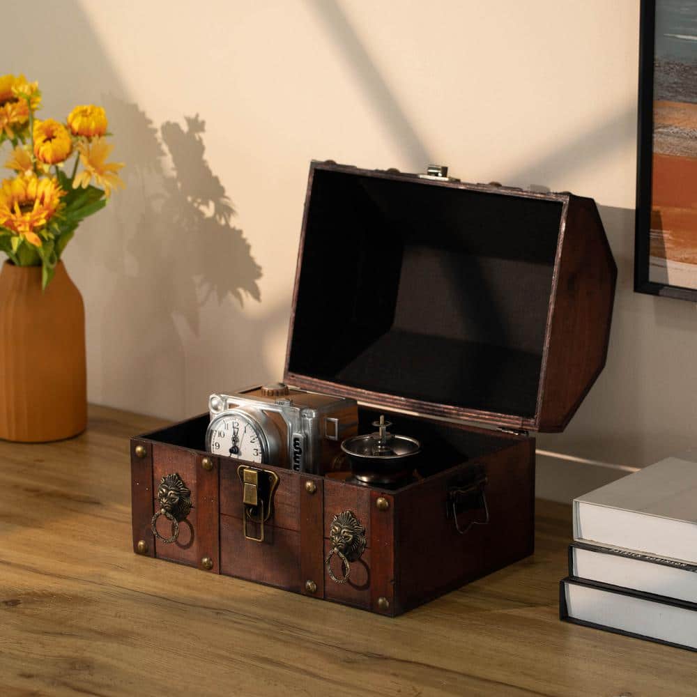 Antique Wooden Storage Trunk with Metal Lion Accents