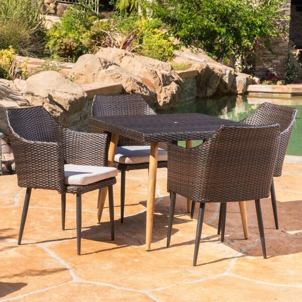 Noble House Jay Multi-Brown 5-Piece Plastic Outdoor Dining Set with Beige Cushions