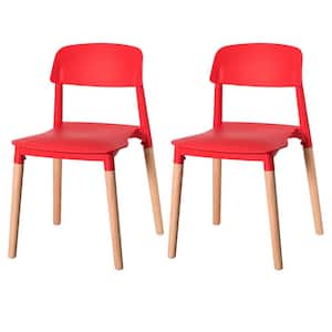 Red Modern Plastic Dining Chair Open Back with Beech Wood Legs (Set of 2)