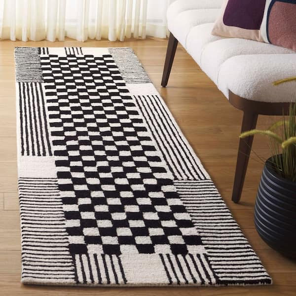 Genre 2 ft. x 8 ft. Black/Ivory Checker Geometric Runner Rug
