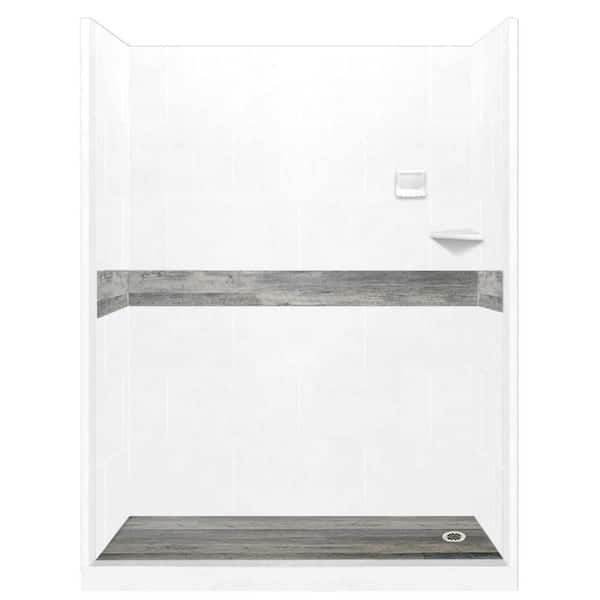 American Bath Factory Sterling Oak Pan and Walls 32 in. x 60 in. x 80 in. Right Drain Alcove Shower Kit in Natural Buff and Nickel Hardware