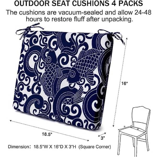 Outdoor Chair Cushions, Waterproof Square Corner Memory Foam Seat Cushions with Ties, Throw Pillow, Blue