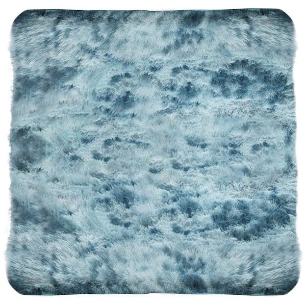 Latepis Plush Shag Dark Blue 4 ft. x 4 ft. Solid Polyester Square Area Rug