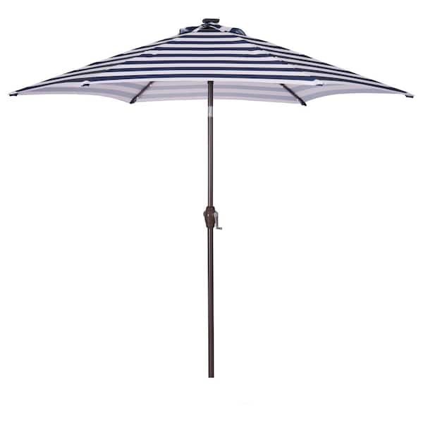 Unbranded Outdoor 8.7 ft. Market Table Patio Umbrella with Push Button Tilt and Crank in Blue Stripes with 24 LED Lights