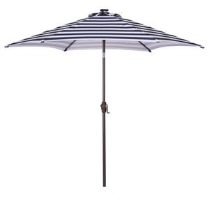 8.6 ft. White Blue With Striped Steel LED Round Stylish Outdoor Patio Market Umbrella with Button Tilt and Crank System