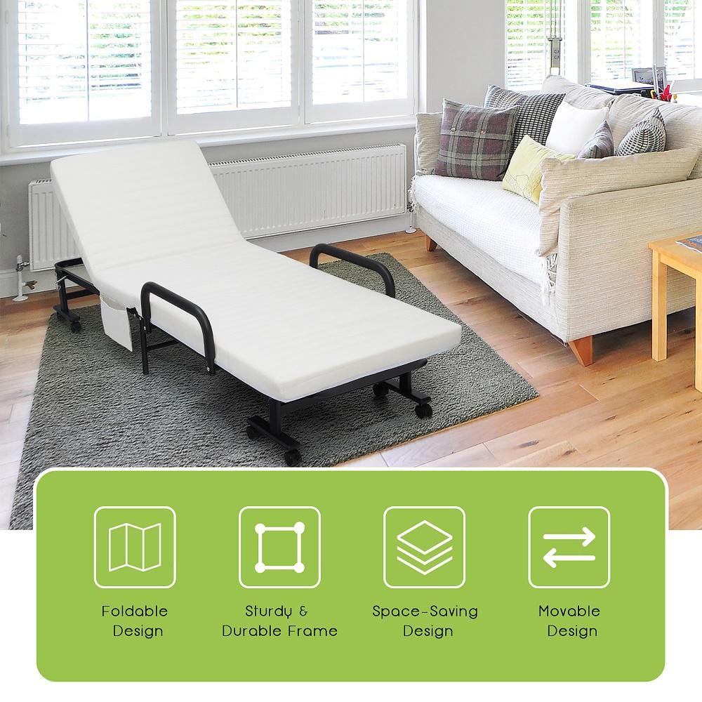 White Twin Folding Metal Frame Bed with Upholstered Mattress and Drawer