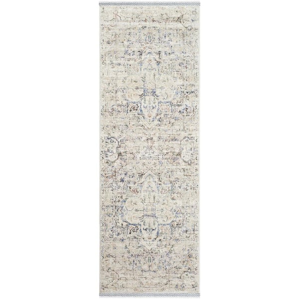 Livabliss Rivaldo Cream Blue Medallion 3 ft. x 8 ft. Indoor Runner Area Rug