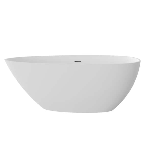 59 in. x 30.75 in. Solid Surface Freestanding Soaking Bathtub with Center Drain in Matte White