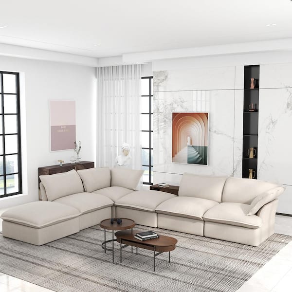 163 in. Flared Arm 6-Piece Linen U-Shaped Sectional Sofa Overstuffed Deep Seat Cloud Couch with Storage Ottoman in Beige