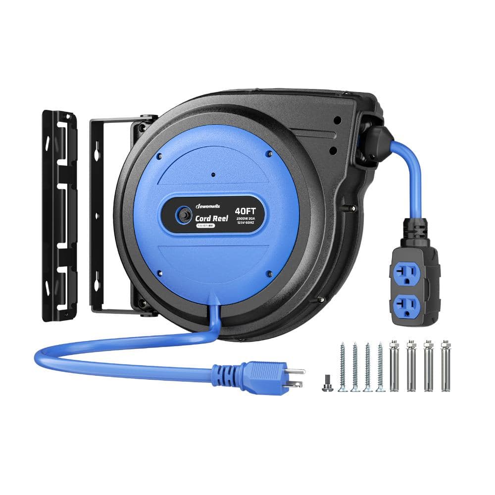 40 ft. 10/3 SJTOW Retractable Extension Cord Reel, 20A/2500W, 4 Grounded Outlets, Wall/Ceiling Mount, ETL Listed, Blue price history on PriceWatchPro
