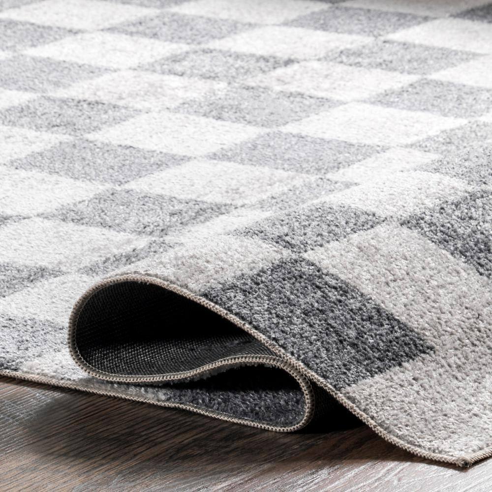 Blue and White Checkered Washable Synthetic Area Rug, 4x6