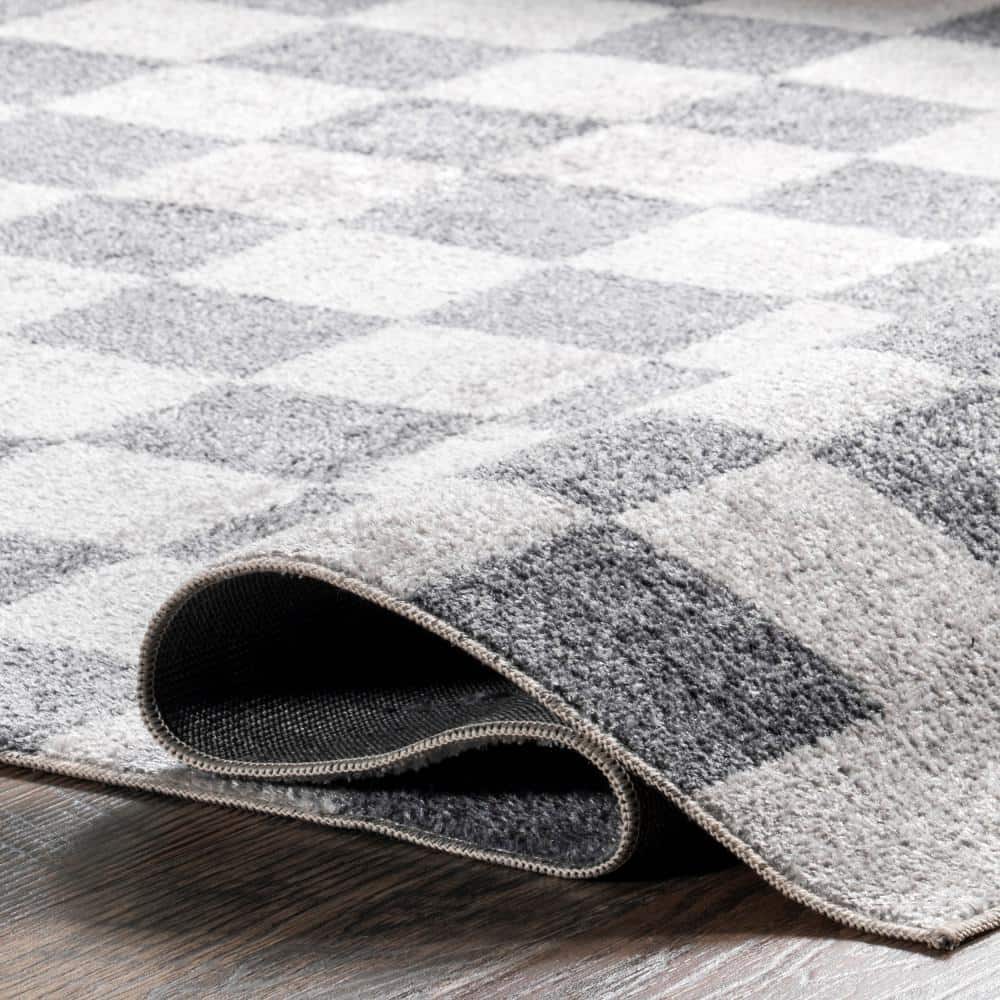 Naya Blue and White Checkered Synthetic Washable Area Rug