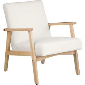 Mid Century White Velvet Accent Chair with Wood Arm Frame and Thick Cushion