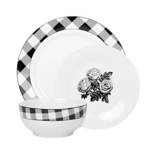 12-Piece Damier White and Black Porcelain Dinnerware Set (Service for 4)