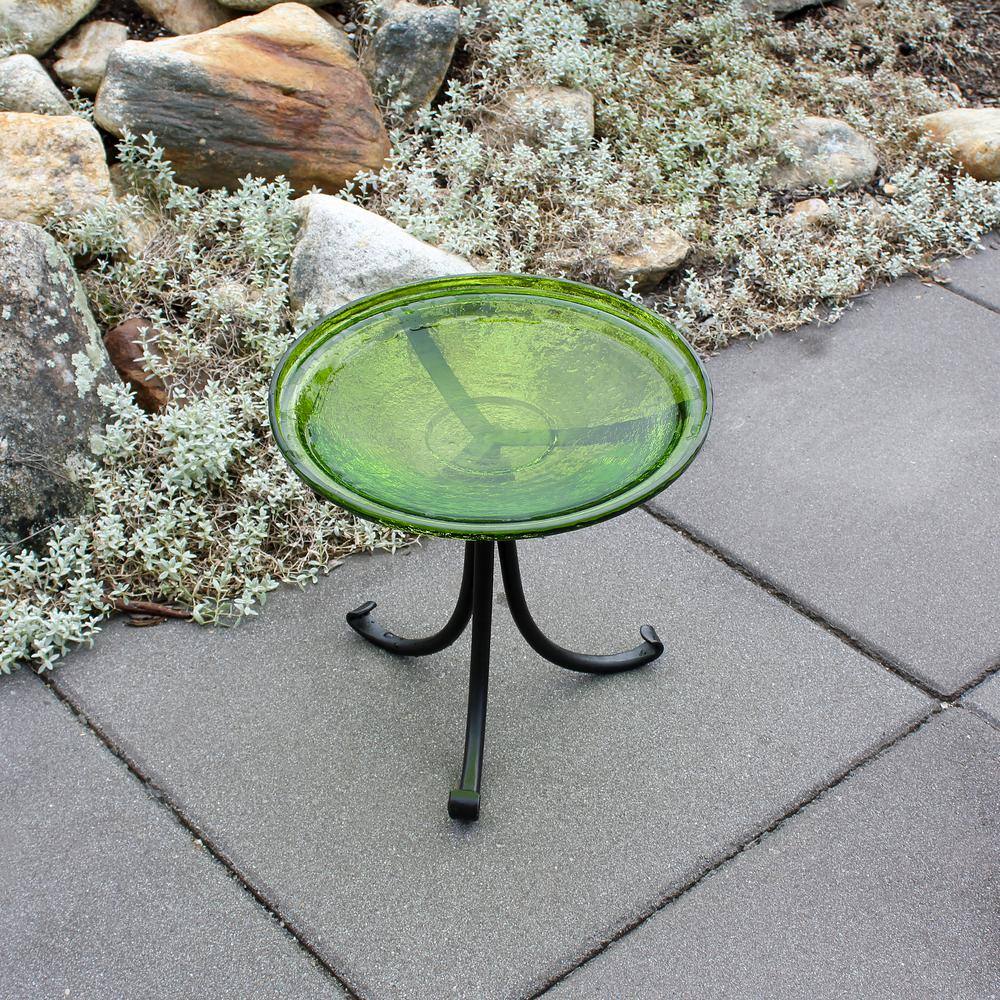 Fern Green Crackle Glass Birdbath with Wrought Iron Stand