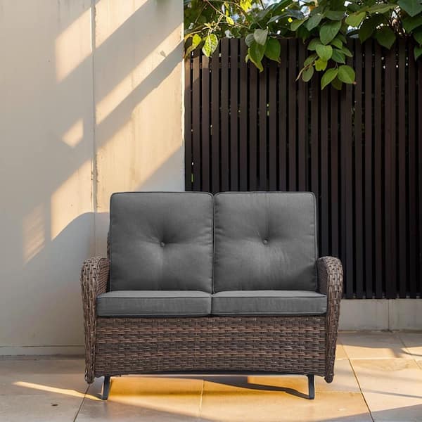 PlainCurve 49.6 in Width 2-Person Metal and Brown Wicker Patio Outdoor Glider Loveseat with Olefin Gray Cushion