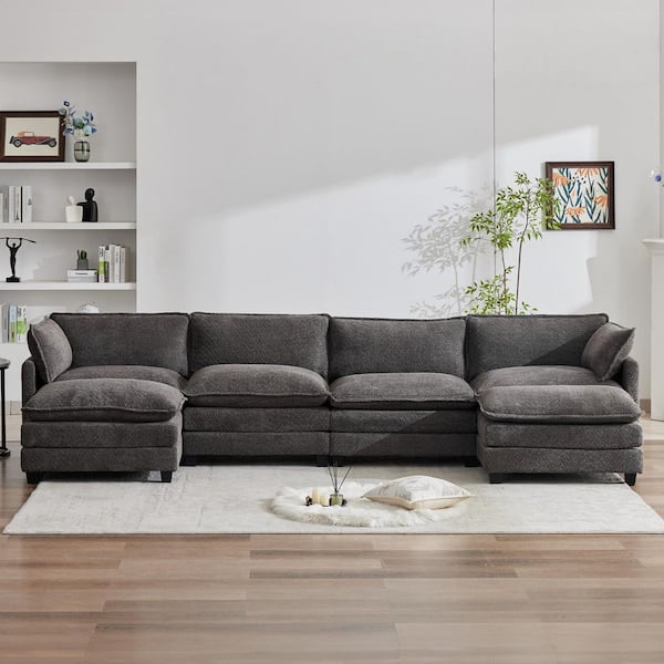147.64 in. Loop Velvet Sectional Sofas with 2-Ottomans for Living Room in Carbon Ash