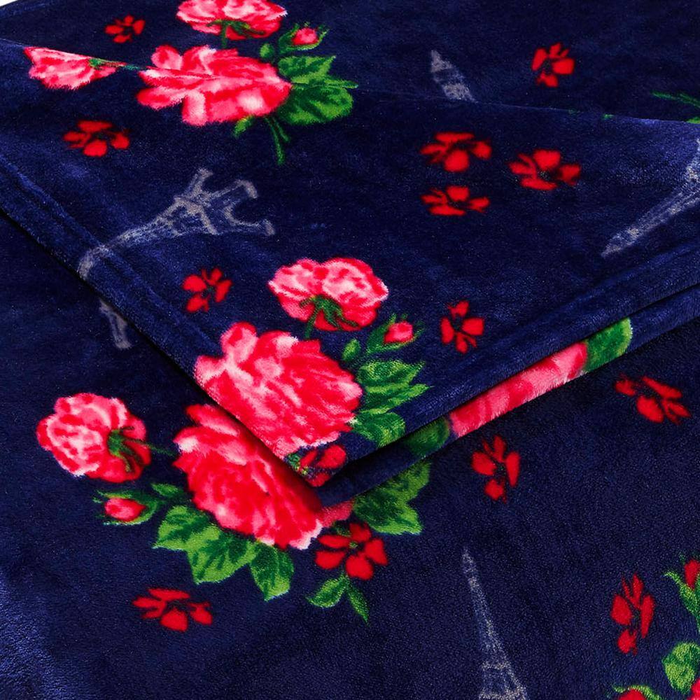 Full/Queen Navy Floral Plush Fleece Blanket